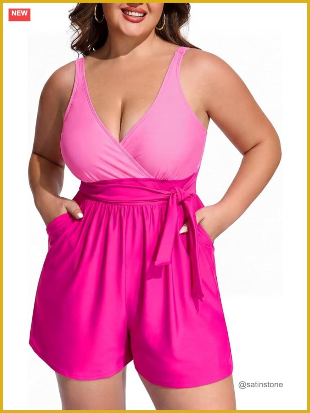 Plus Size Swim Romper One Piece Modest Bathing Suit with Pockets Tummy Control